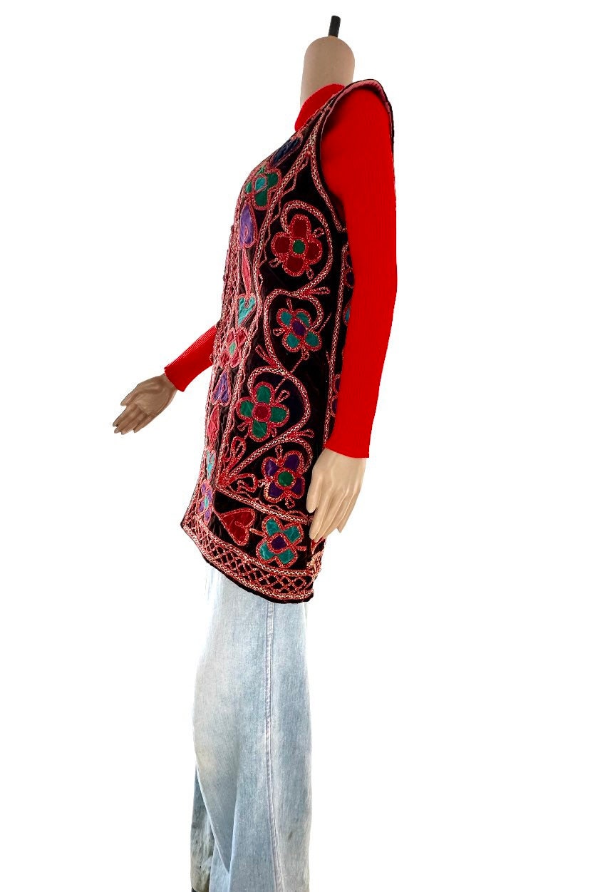 1960s Afghan Jute Vest with Embroidery and Intricate Velvet Inlay main image 1