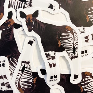 May include: A set of stickers featuring black and white striped okapi illustrations. The okapi is a mammal native to the Democratic Republic of the Congo.