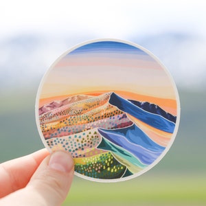 Mountains, mountain sticker, circle sticker, laptop sticker, vinyl sticker, trendy sticker, National Park sticker, popular sticker, sunset