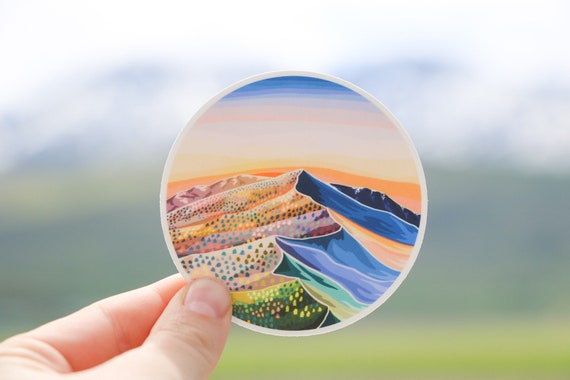 Mountains, mountain sticker, circle sticker, laptop sticker, vinyl sticker, trendy sticker, National Park sticker, popular sticker, sunset