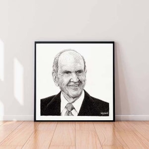 May include: Black and white pen and ink drawing of a man in a suit and tie. The man is smiling and looking directly at the viewer.