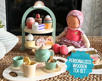 Service à thé personnalisé jouet en bois pour tout-petits, Tea Party, Heure du thé, Jouets en bois, Faire semblant de thé, Jouets Montessori, Jouet prénom personnalisé