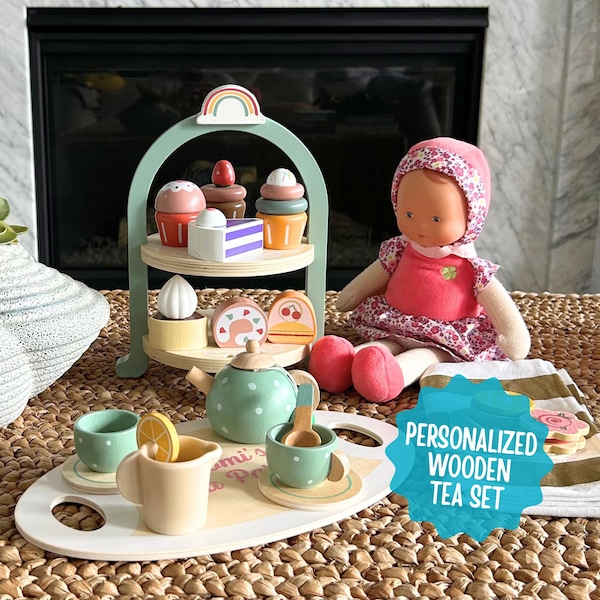 Custom Personalized Wooden Tea Set Toy for Toddlers, Tea Party, Tea Time, Wood Toys, Pretend Tea Party, Montessori Toys, Custom Name Toy