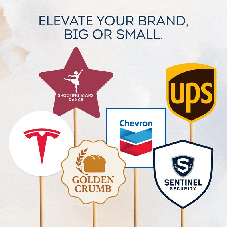 May include: Image featuring logos of various brands, including Tesla, Chevron, UPS, and Sentinel Security, displayed on wooden sticks. The text "ELEVATE YOUR BRAND, BIG OR SMALL" is at the top. The logos are in different shapes and colors.