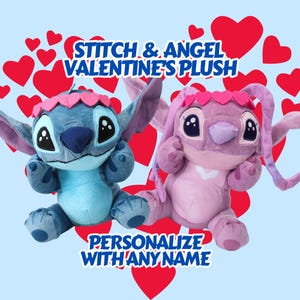 Personalized Valentine&#39;s Day Stitch & Angel w/Heart Headband 8&quot; Plush, Custom Name Plush, Valentine&#39;s Gift, Unique Stitch Gift