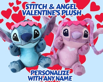 Personalized Valentine's Day Stitch & Angel w/Heart Headband 8" Plush, Custom Name Plush, Valentine's Gift, Unique Stitch Gift