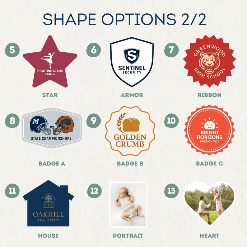 May include: A graphic showcasing various shape options, including a star, shield, ribbon, badge, house, portrait, and heart. Each shape features unique designs and text, such as "Shooting Stars Dance" and "Sentinel Security."