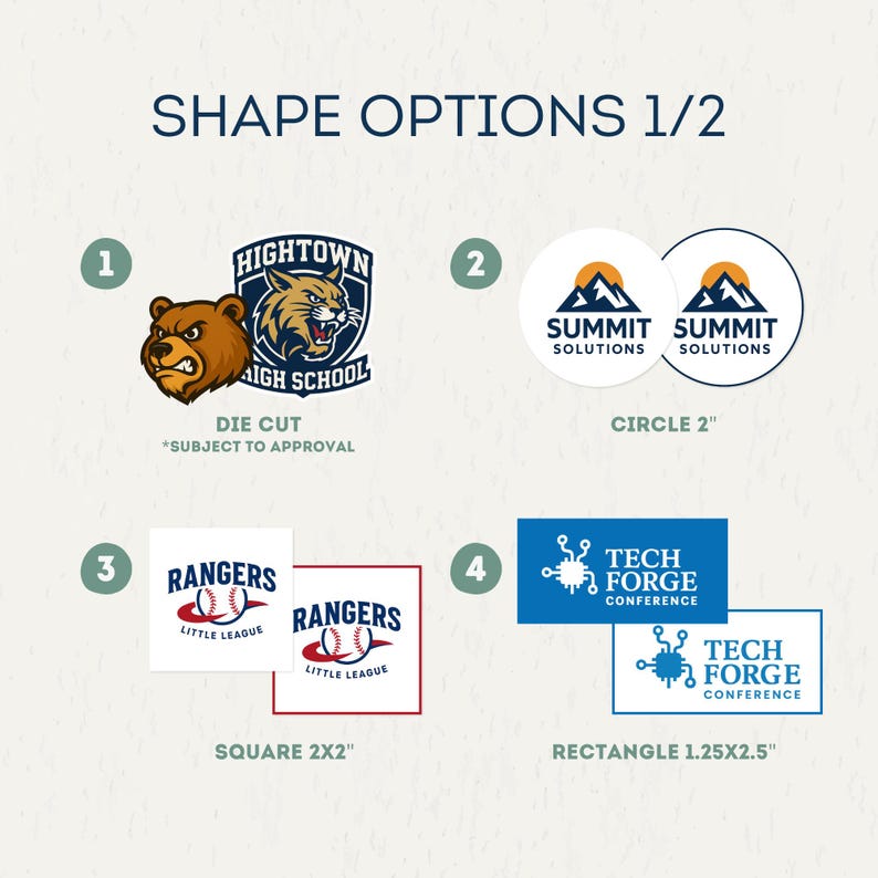 May include: Image showcasing four shape options for logos or stickers. Includes a die-cut design with a bear and wildcat, two 2-inch circles, two 2x2 inch squares, and two 1.25x2.5 inch rectangles, each with different logos and text.