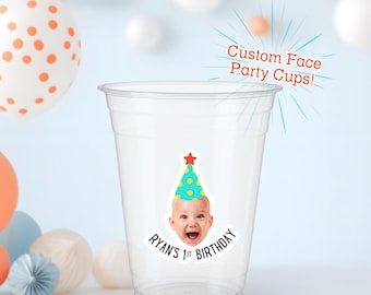 Custom Face Party Cups with Hat and Personalized Message – Perfect for Birthdays, Weddings, Graduations & Special Celebrations