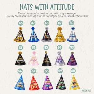 May include: A collection of fifteen cone-shaped party hats numbered 46 through 60, featuring various colors, patterns, and text including Cheers, Party Time, Happy Birthday, Golden Birthday, Let's Boogie, Let's Celebrate, Party Animal, Gettin' Lit, Birthday Vibes Only, Let's Get Crazy, and I'm Here To Party.