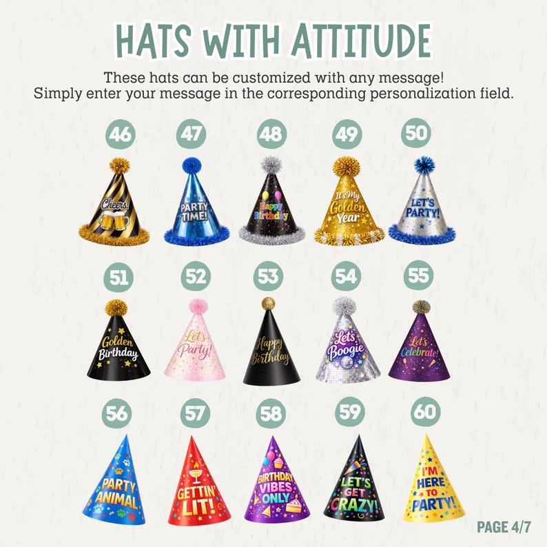 May include: A collection of fifteen cone-shaped party hats numbered 46 through 60, featuring various colors, patterns, and text including Cheers, Party Time, Happy Birthday, Golden Birthday, Let's Boogie, Let's Celebrate, Party Animal, Gettin' Lit, Birthday Vibes Only, Let's Get Crazy, and I'm Here To Party.