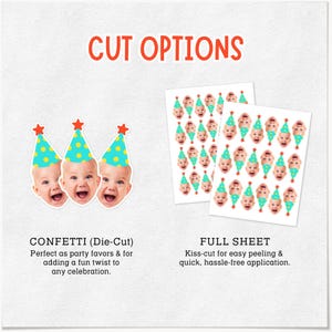 May include: A graphic display titled CUT OPTIONS showing two product formats. On the left, three individual die-cut confetti pieces featuring a baby face wearing a teal party hat with yellow dots and a red star. On the right, a full sheet of stickers.