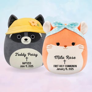 May include: Two plush toys, one gray with a yellow hat and the other orange with a blue headband. The gray toy has the text "Teddy Perry" and "Baptized June 11, 2025" on it. The orange toy has the text "Mila Rose" and "First Holy Communion January 15, 2025" on it.