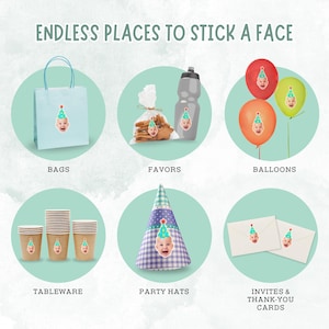 May include: A collage showing custom face stickers applied to various items with the text ENDLESS PLACES TO STICK A FACE. The stickers feature a baby wearing a teal party hat with a red star. Items include a light blue bag, party favors, balloons, paper cups, a party hat, and envelopes.