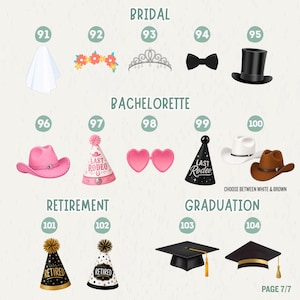 May include: A digital catalog of party accessories organized by theme. Items include a white veil, floral crown, tiara, bow tie, top hat, pink cowboy hat, party hats with text, heart glasses, white and brown cowboy hats, and graduation caps.