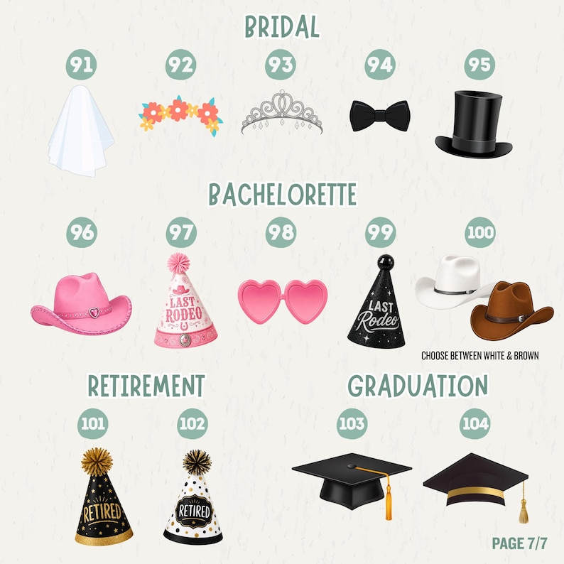 May include: A digital catalog of party accessories organized by theme. Items include a white veil, floral crown, tiara, bow tie, top hat, pink cowboy hat, party hats with text, heart glasses, white and brown cowboy hats, and graduation caps.