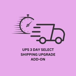 May include: Black and white illustration of a delivery truck with a stopwatch icon, indicating fast shipping. Text reads "UPS 3 DAY SELECT SHIPPING UPGRADE ADD-ON".