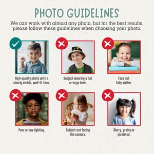 May include: An informational graphic titled PHOTO GUIDELINES with six square image examples. One green checkmark shows a well-lit face, while five red X marks show examples of hats, obscured faces, low lighting, side profiles, and blurry photos.