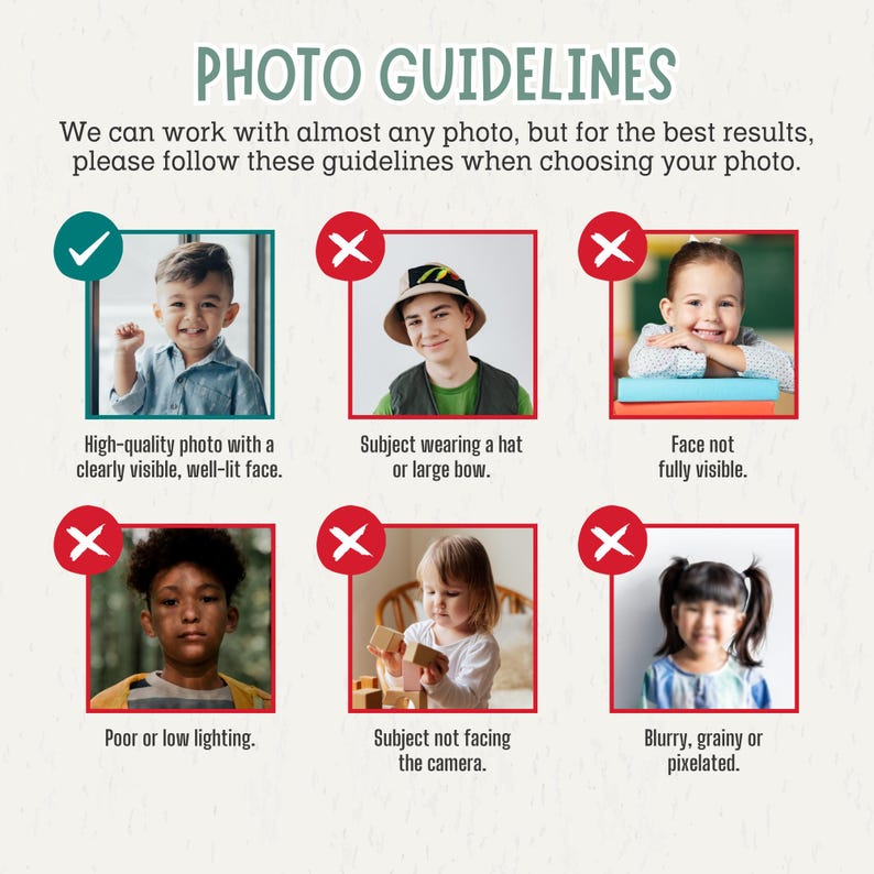 May include: An informational graphic titled PHOTO GUIDELINES with six square image examples. One green checkmark shows a well-lit face, while five red X marks show examples of hats, obscured faces, low lighting, side profiles, and blurry photos.