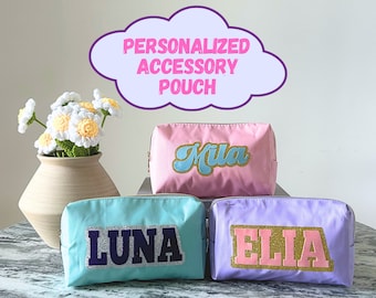 Custom Name Nylon Accessory Pouch, Personalized Makeup Bag, Pencil Case, Toiletry Bag, Bridal Gift, Cosmetic Pouch, Birthday Gift for Kids