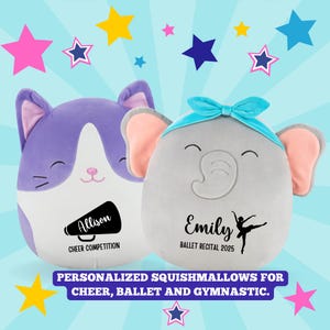 May include: Two plush Squishmallows, one cat-shaped and one elephant-shaped, with personalized text. The cat has a purple and white design with "Allison" and "CHEER COMPETITION" on it. The elephant has a blue bow and "Emily" and "BALLET RECITAL 2025".