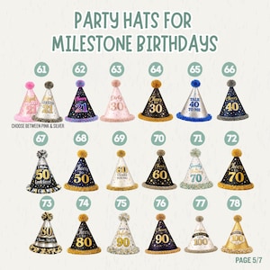 May include: A collection of cone-shaped party hats for milestone birthdays, numbered 61 through 78. Each hat features unique text, colors, and patterns, including gold, silver, black, and pink designs with pom-pom toppers and fringe trim.