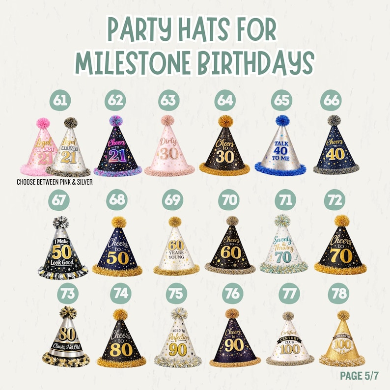 May include: A collection of cone-shaped party hats for milestone birthdays, numbered 61 through 78. Each hat features unique text, colors, and patterns, including gold, silver, black, and pink designs with pom-pom toppers and fringe trim.