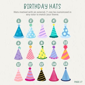 May include: A collection of fifteen colorful cone-shaped birthday hats arranged in three rows. The text reads BIRTHDAY HATS and Hats marked with an asterisk (*) can be customized in any color to match your theme. Each hat features unique patterns.
