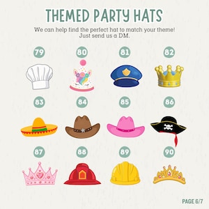 May include: A collection of twelve illustrated party hats labeled 79 through 90, including a chef hat, unicorn hat, police cap, gold crown, sombrero, cowboy hat, pink hat, pirate hat, pink tiara, fire helmet, yellow hard hat, and gold tiara.