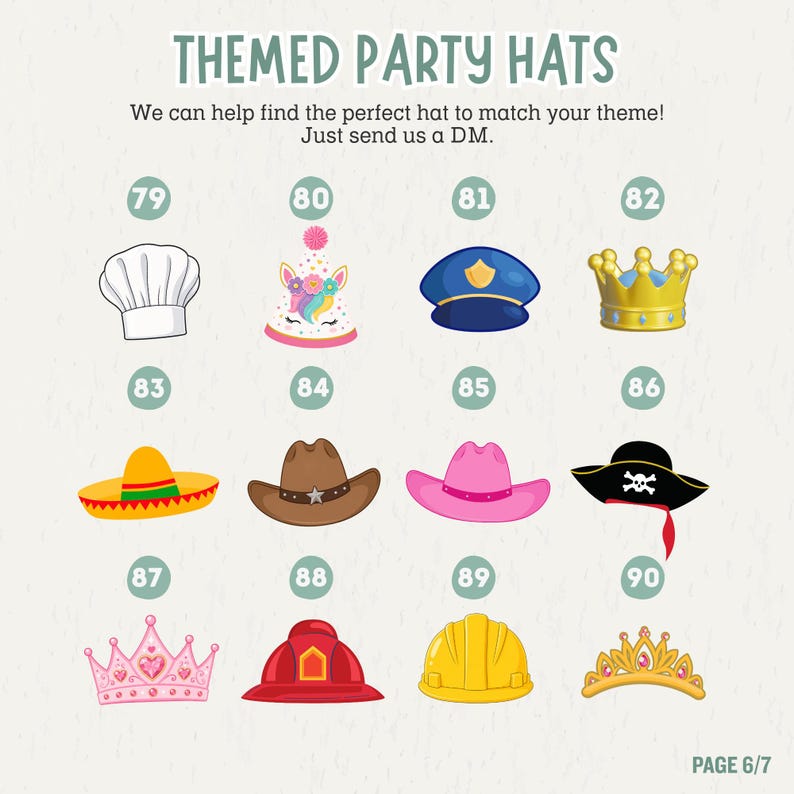 May include: A collection of twelve illustrated party hats labeled 79 through 90, including a chef hat, unicorn hat, police cap, gold crown, sombrero, cowboy hat, pink hat, pirate hat, pink tiara, fire helmet, yellow hard hat, and gold tiara.