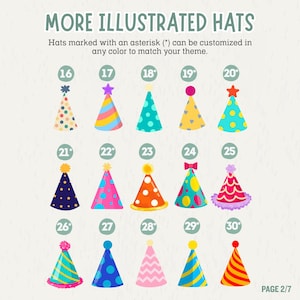May include: A digital chart titled MORE ILLUSTRATED HATS displaying fifteen colorful party hats numbered 16 through 30. Each hat features unique patterns like polka dots, stripes, stars, or zigzags, with some topped by pom-poms or stars. Text notes customization.