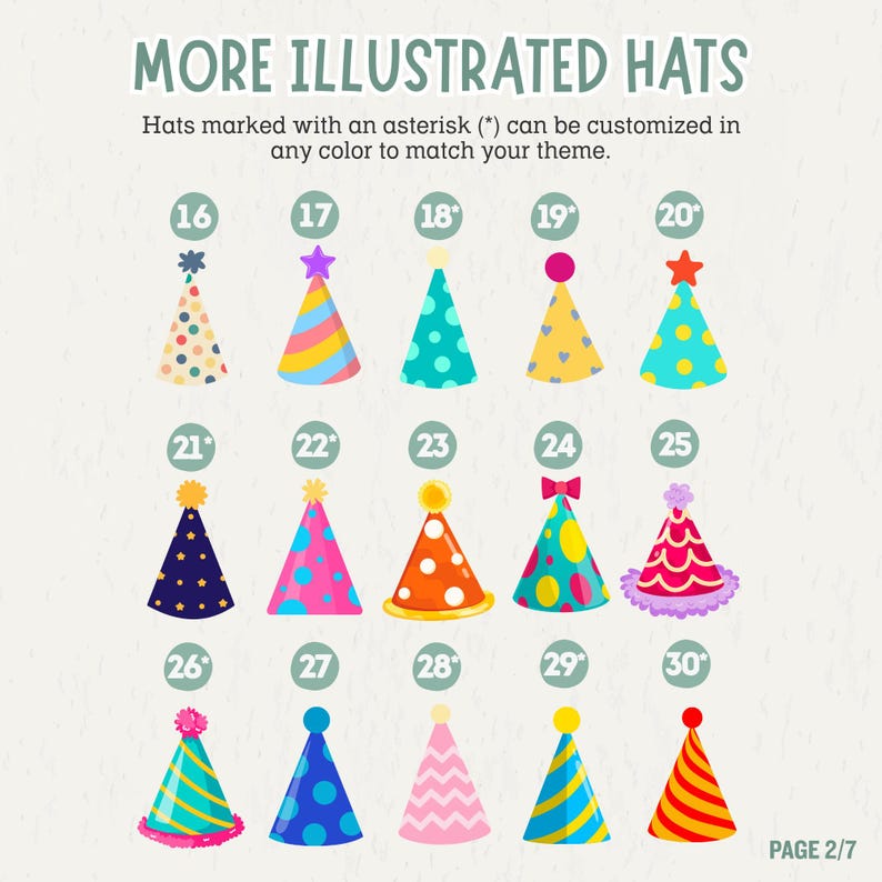 May include: A digital chart titled MORE ILLUSTRATED HATS displaying fifteen colorful party hats numbered 16 through 30. Each hat features unique patterns like polka dots, stripes, stars, or zigzags, with some topped by pom-poms or stars. Text notes customization.