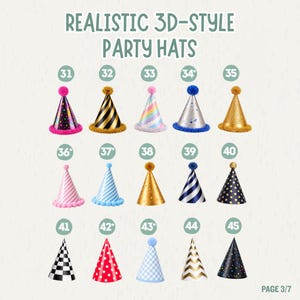 May include: A collection of fifteen cone-shaped party hats labeled 31 through 45, featuring various patterns including polka dots, stripes, chevrons, and solid metallic colors, each topped with a pom-pom and labeled Realistic 3D-Style Party Hats.