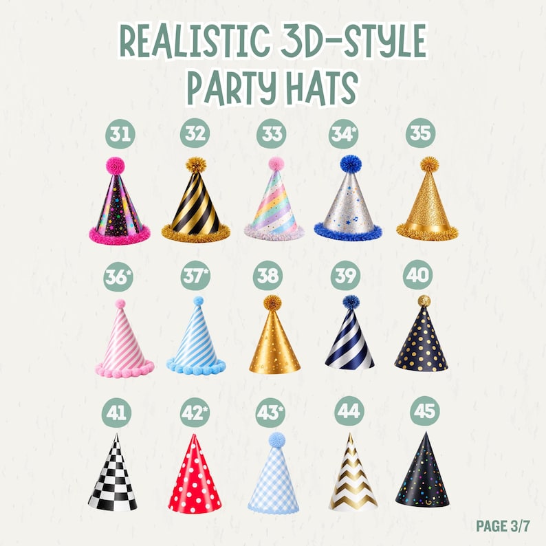 May include: A collection of fifteen cone-shaped party hats labeled 31 through 45, featuring various patterns including polka dots, stripes, chevrons, and solid metallic colors, each topped with a pom-pom and labeled Realistic 3D-Style Party Hats.