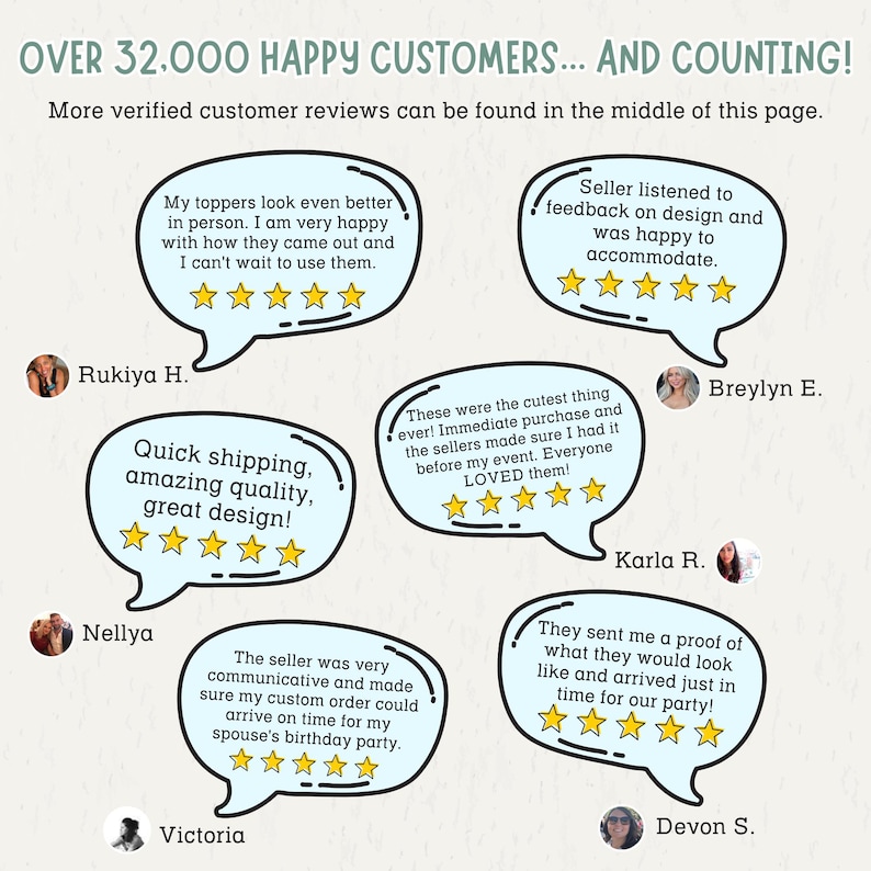 May include: A graphic display featuring the text OVER 32,000 HAPPY CUSTOMERS... AND COUNTING! and More verified customer reviews can be found in the middle of this page. It includes five light blue speech bubbles with five-star ratings and text.