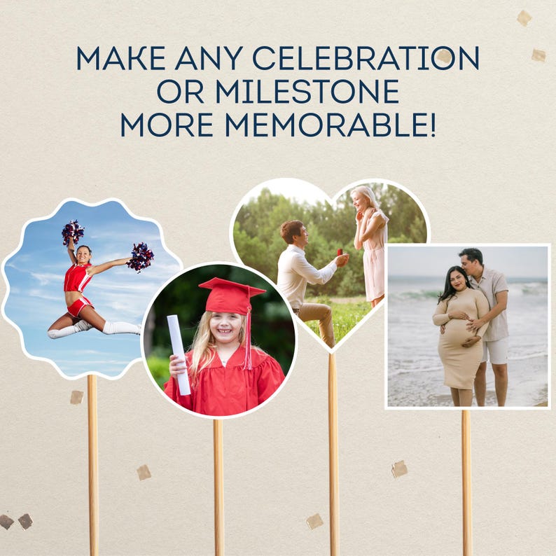 May include: Image featuring photo props for celebrations. The props include a cheerleader, a graduation photo, a proposal scene, and a couple expecting a baby. The text reads: "MAKE ANY CELEBRATION OR MILESTONE MORE MEMORABLE!"