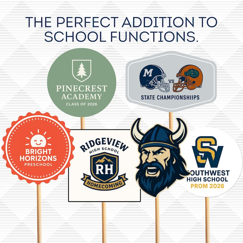 May include: A collection of school-themed signs on wooden sticks. The signs feature school logos, mascots, and text, including "Pinecrest Academy," "Bright Horizons Preschool," "Ridgeview High School Homecoming," "Southwest High School Prom 2026," and "State Championships."
