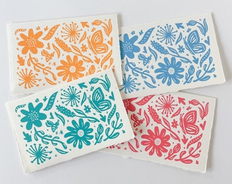 Screen-printed Floral Cards - Set of 4 (handmade, flower, bee, butterfly, leaf, prairie, nature)