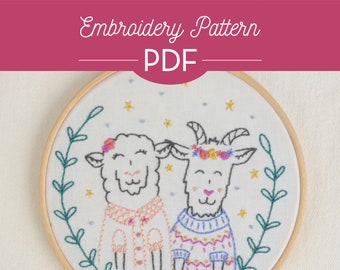 Mabel & Beatrice Embroidery PDF - Beginner, DIY, BFF, Best Friends, Crafts, Sheep, Goat, Farm, Floral, Stitched, Download