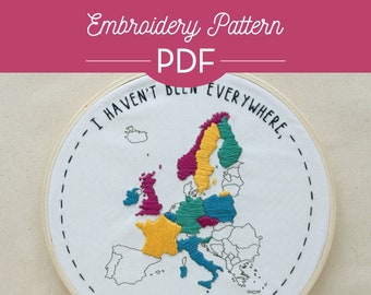 Europe Map Embroidery PDF - Beginner, DIY, Gift, Crafts, Words, Quote, Stitched, Travel, Vacation, Downloadable