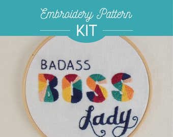 Boss Lady Embroidery Kit - Beginner, Hoop Art, DIY, Badass, Crafts, gift, work, words, type, stitched, colorful