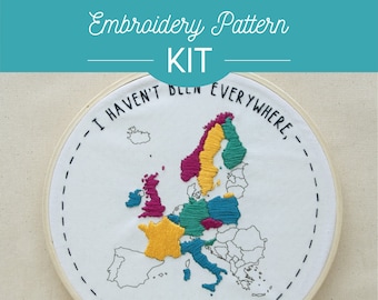 Europe Map Embroidery Kit - Beginner, Hoop Art, DIY, Crafts, gift, words, type, stitched, colorful