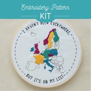 Stickpackung Europa Karte - Anfänger, Hoop Art, DIY, Handwerk, Geschenk, Wörter, Typ, genäht, bunt