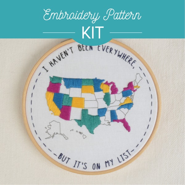 50 STATES Embroidery Kit - Beginner, DIY, Gift, Travel, Crafts, United States, Vacation, Stitched