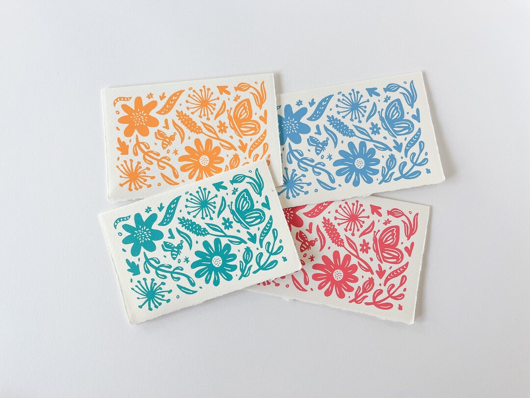 Screen-printed Floral Cards - Set of 4 (handmade, Flower, Bee ...