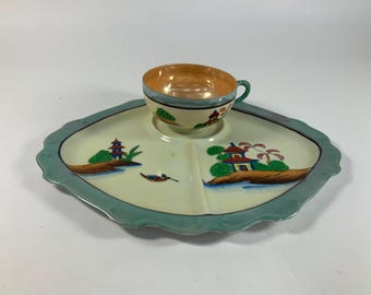 Taza de té y plato para servir de porcelana japonesa vintage pintada a mano