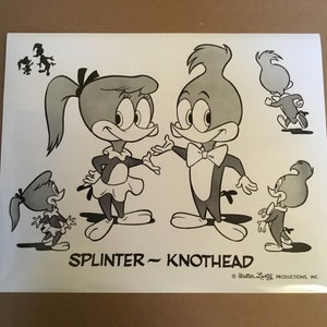 May include: Black and white illustration of two cartoon woodpeckers, one male and one female, with the text "Splinter - Knothead" and a copyright notice for Walter Lantz Productions, Inc.