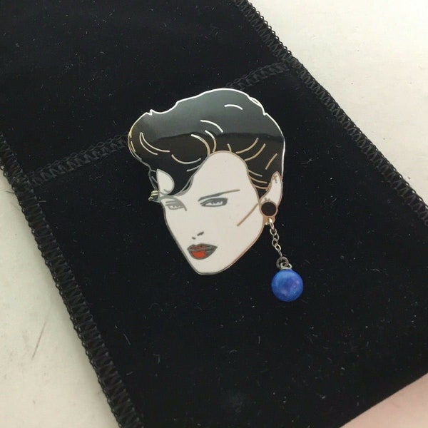 Vintage 1980s Patrick Nagel Brooch Pin with Lapis Lazuli Earring by ACME Studio RARE