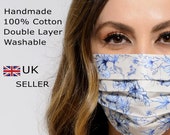 Women 39 s Face Masks UK 100 Cotton Masks Mask Washable Reusable Durable Double Layer Floral Painted Flowers Print Blue