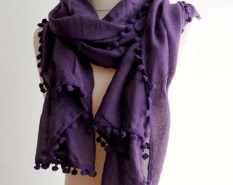 Women's Ladies 100% Cotton Lavender Purple Scarf Shawl Wrap Scarves Beach Pareo Sarong Spring Summer Autumn Pom Pom Trimmed